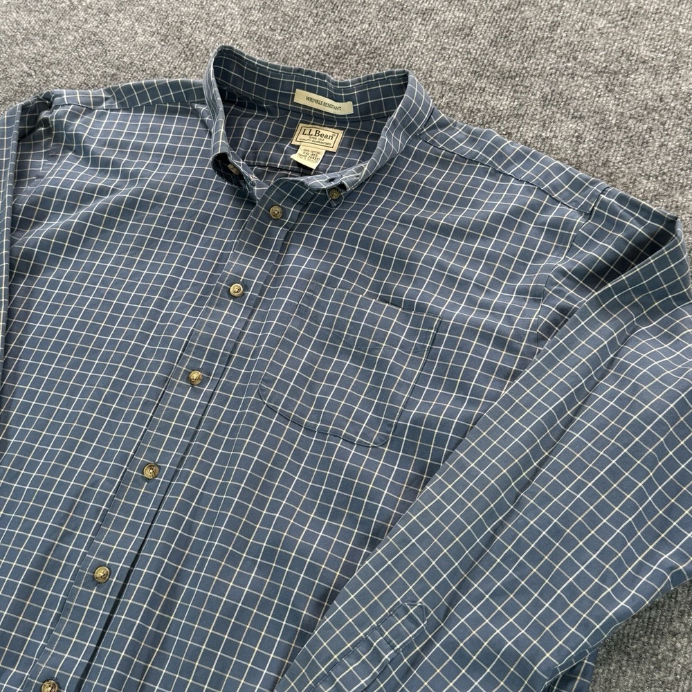 Mens 2XL LL Bean Long Sleeve Button Up Blue White Grid Shirt 269337